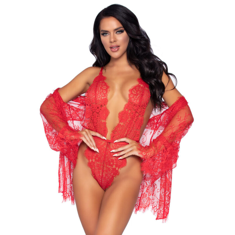 | Leg Avenue Floral Lace Teddy and Robe Red