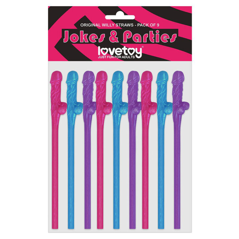 | Lovetoy Pack Of 9 Willy Straws Blue Pink And Purple